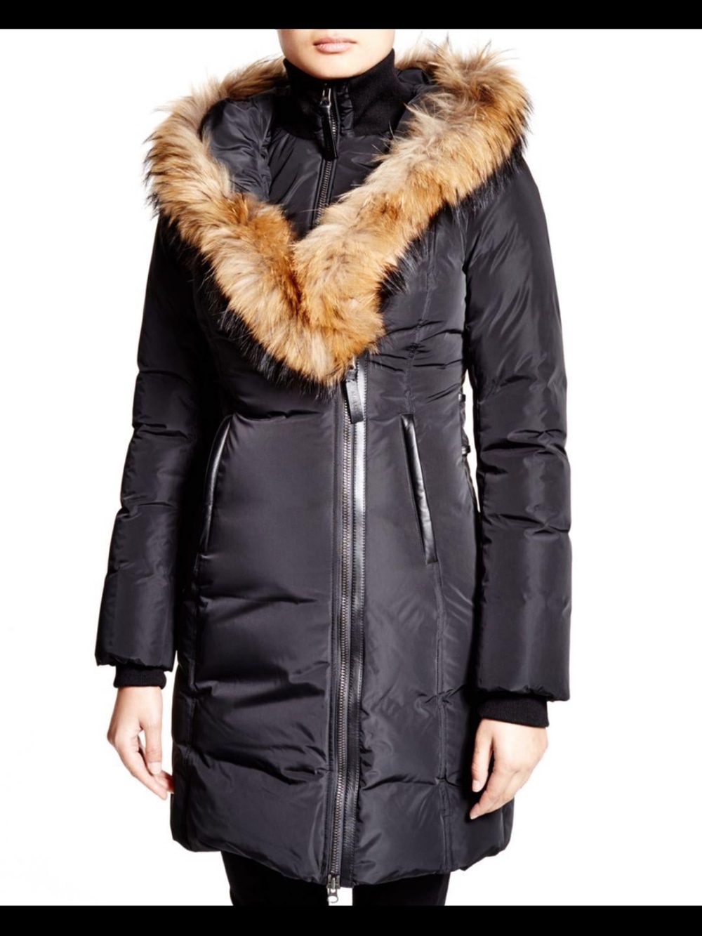Mackage Black Puffer Coat with Tan Faux-Fur Trim